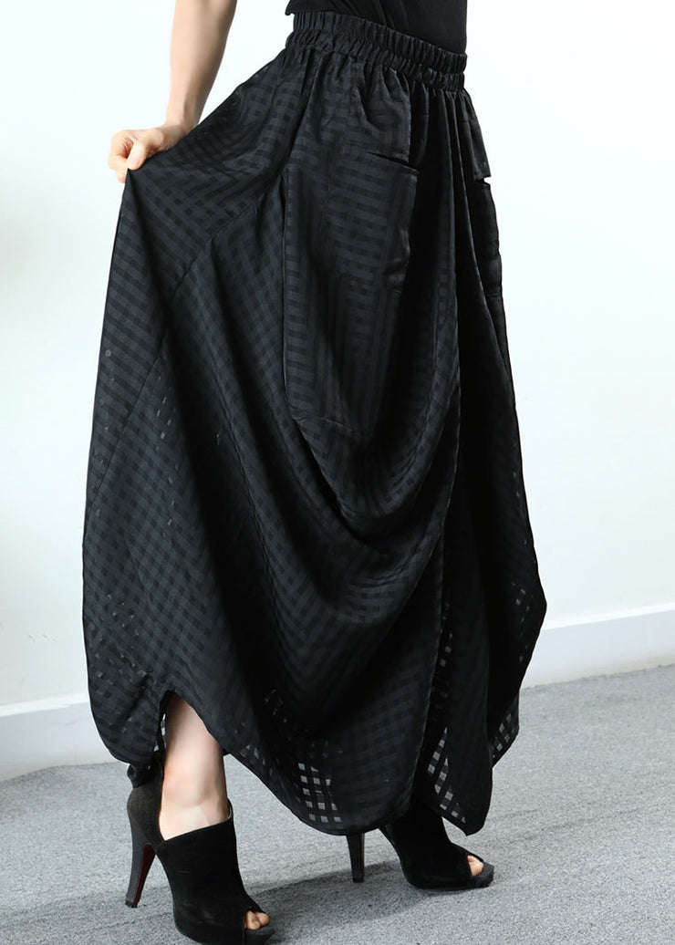 Simple Black Pockets Plaid wide leg Pants Spring