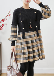 Simple Black Slim Fit Patchwork Plaid Knit Dresses Lantern Sleeve