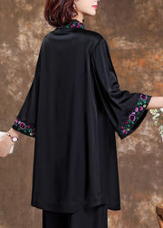 Simple Black Stand Collar Patchwork Embroidery Silk Top Spring