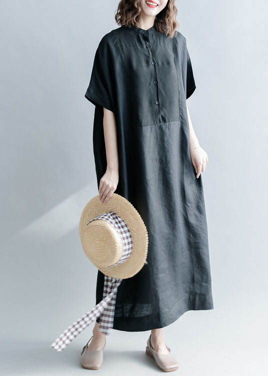 Simple Black Stand Collar Patchwork Linen Dresses Short Sleeve