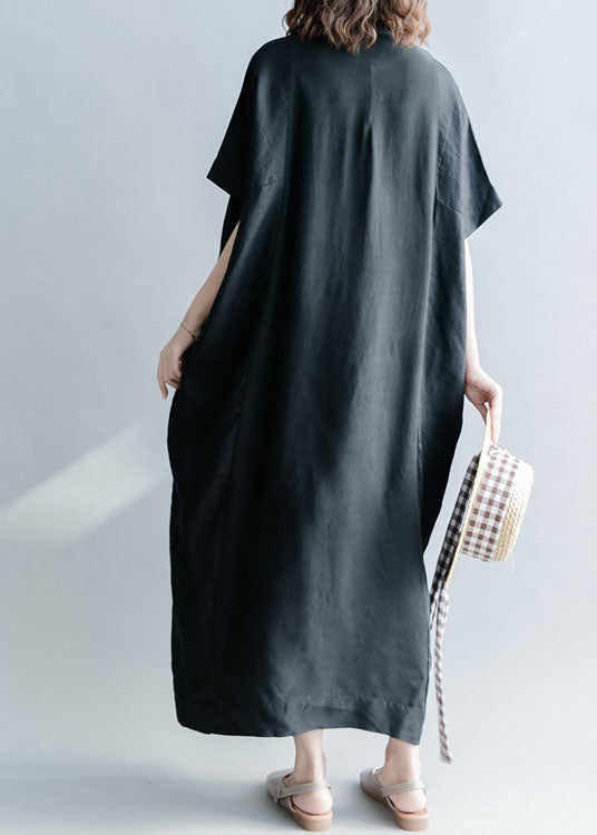 Simple Black Stand Collar Patchwork Linen Dresses Short Sleeve