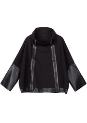 Simple Black Stand Collar Zippered PU Patchwork Fall Long sleeve Coat