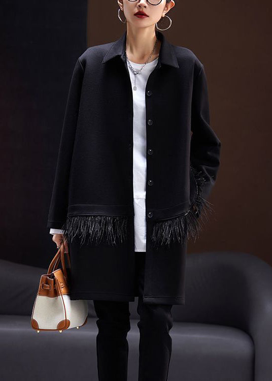 Simple Black Tasseled Button Patchwork Cotton Coats Long Sleeve