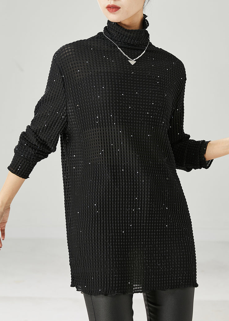 Simple Black Turtle Neck Sequins Cotton Shirt Spring