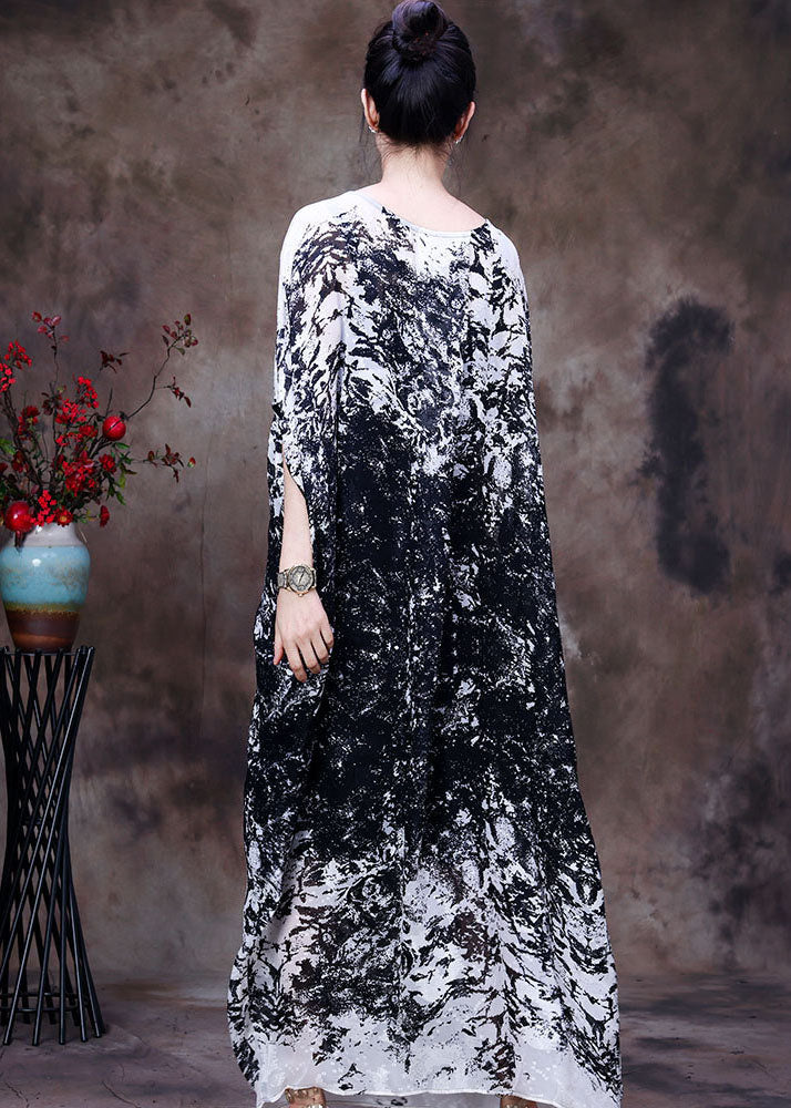 Simple Black White O-Neck Print Lace Up Silk Long Dresses Batwing Sleeve