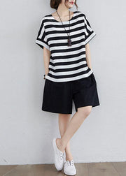 Simple Black White Striped side open Two Pieces Set Summer Cotton - bagstylebliss