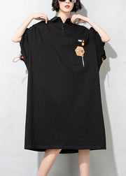 Simple Black drawstring pockets Peter Pan Collar Dresses Half Sleeve