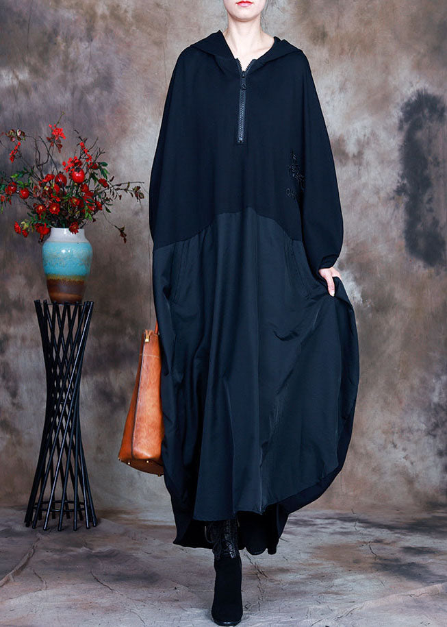 Einfache schwarze Mode mit Kapuze Patchwork asymmetrisches Design Herbst Maxikleider