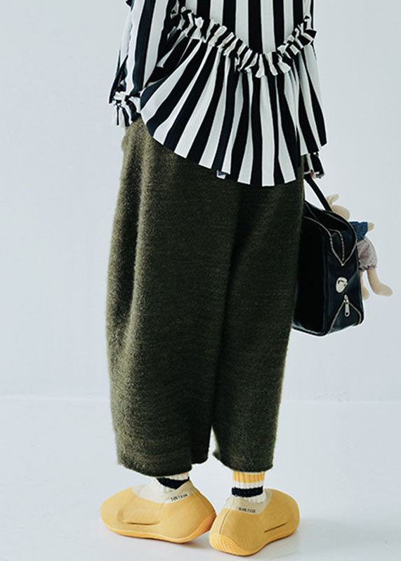 Simple Blackish Green Elastic Waist Cotton Knit Wide Leg Pants