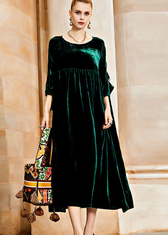 Simple Blackish Green O-Neck Wrinkled Patchwork Silk Velvet Long Dresses Fall