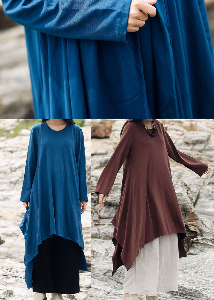 Simple Blue Asymmetrical Casual Cotton Dress Spring