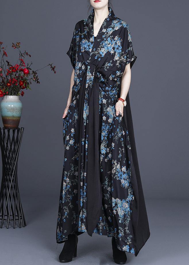 Simple Blue Floral Patchwork V Neck Long Dress Summer - bagstylebliss