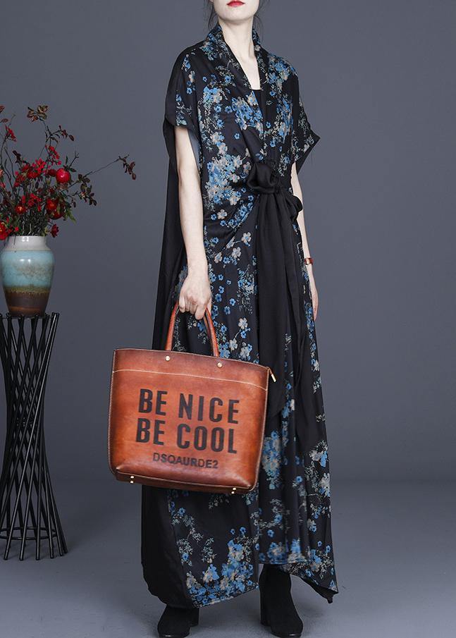 Simple Blue Floral Patchwork V Neck Long Dress Summer - bagstylebliss