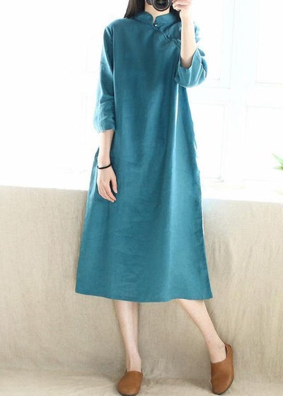 Simple Blue Green Tunics Stand Collar Half Sleeve Maxi Dress - bagstylebliss