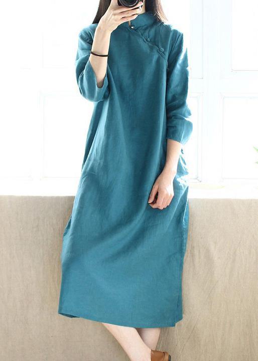 Simple Blue Green Tunics Stand Collar Half Sleeve Maxi Dress - bagstylebliss