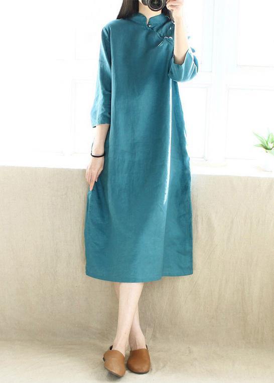 Simple Blue Green Tunics Stand Collar Half Sleeve Maxi Dress - bagstylebliss