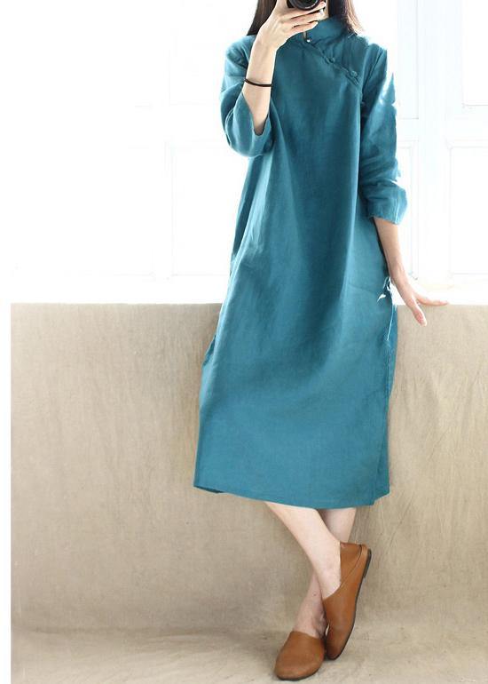 Simple Blue Green Tunics Stand Collar Half Sleeve Maxi Dress - bagstylebliss