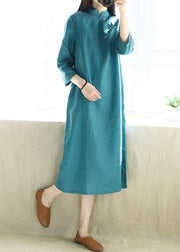 Simple Blue Green Tunics Stand Collar Half Sleeve Maxi Dress - bagstylebliss