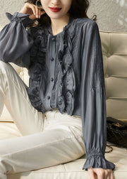 Simple Blue Grey button O-Neck Ruffled Chiffon Top lantern sleeve