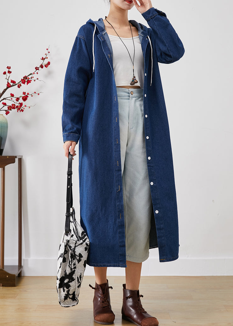 Simple Blue Hooded Button Down Denim Trench Coats Fall