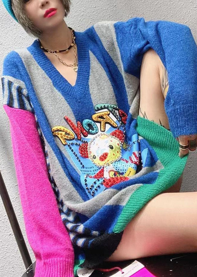 Simple Blue Loose Nail Bead Patchwork Fall Knit Knit Sweater