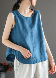 Simple Blue O-Neck Embroidered Linen Beach Vest Sleeveless