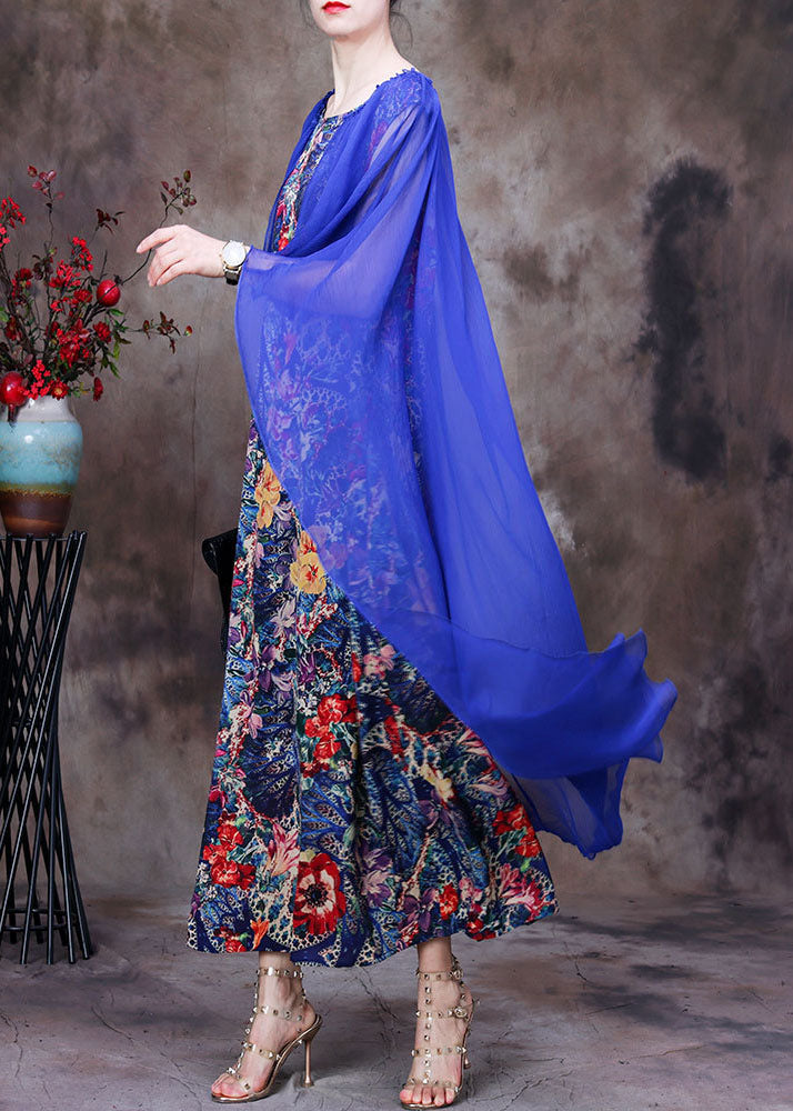 Simple Blue O-Neck Patchwork Print Silk Vacation Dresses Cloak Sleeves