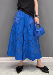 Simple Blue Pockets Patchwork Cotton Wide Leg Pants Summer