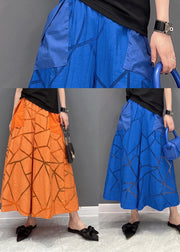 Simple Blue Pockets Patchwork Cotton Wide Leg Pants Summer