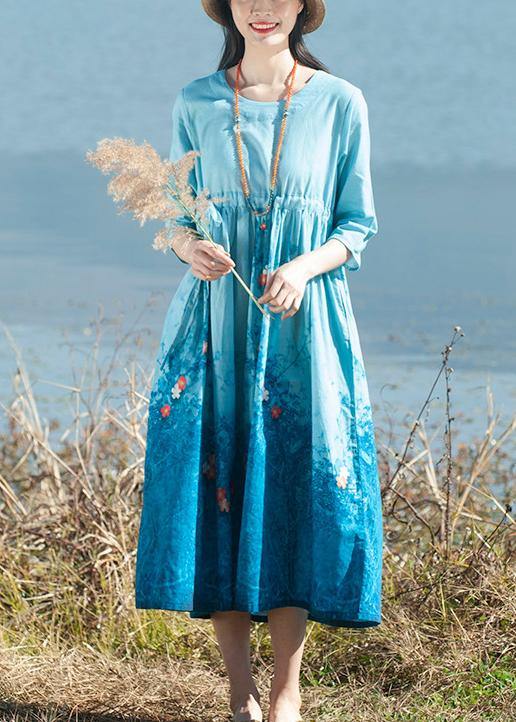 Simple Blue Print Clothes Women O Neck Tie Waist Dresses Spring Dresses - bagstylebliss