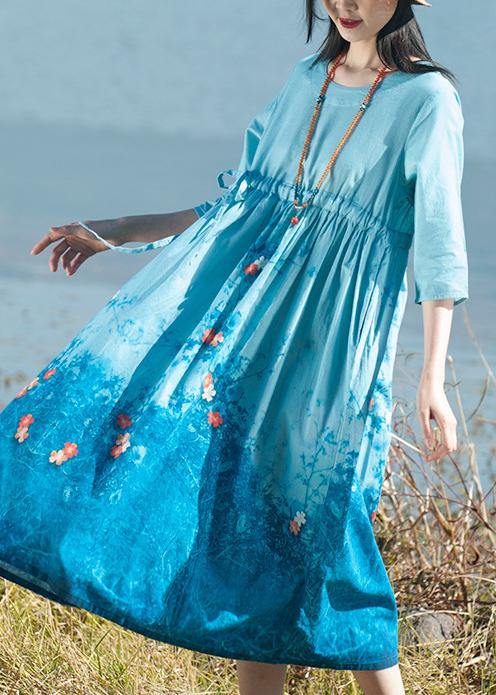 Simple Blue Print Clothes Women O Neck Tie Waist Dresses Spring Dresses - bagstylebliss
