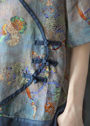 Simple Blue Print Ramie Oriental Summer Tops - bagstylebliss