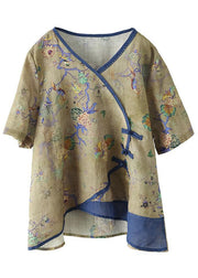 Simple Blue Print Ramie Oriental Summer Tops - bagstylebliss