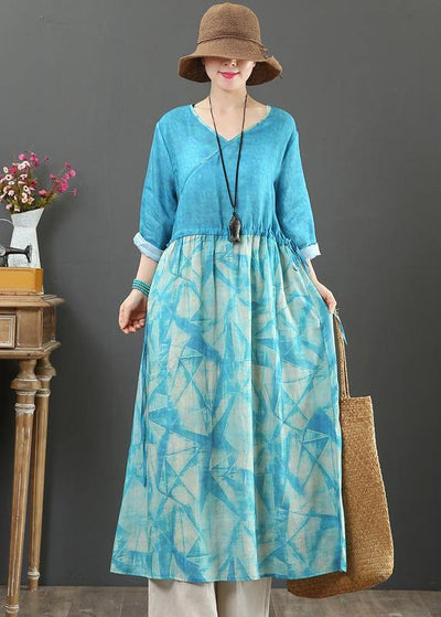 Simple Blue Print Tunic Pattern V Neck Patchwork A Line Spring Dress - bagstylebliss
