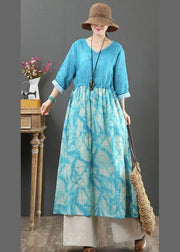 Simple Blue Print Tunic Pattern V Neck Patchwork A Line Spring Dress - bagstylebliss