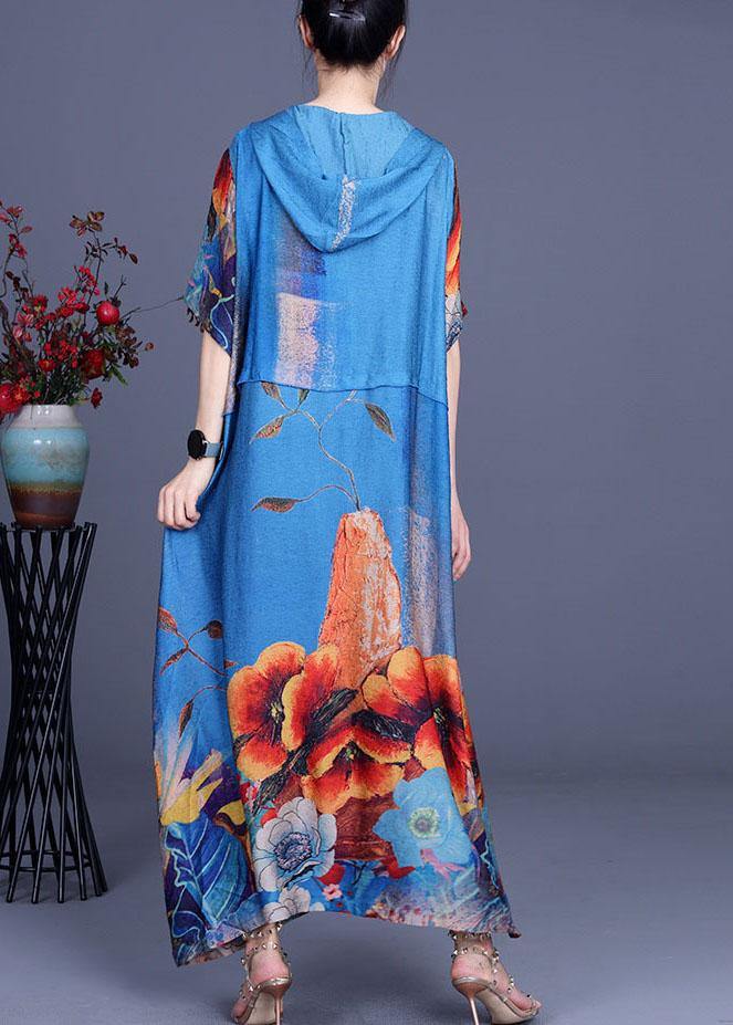 Simple Blue Print hooded Patchwork Silk Ankle Dress Summer - bagstylebliss