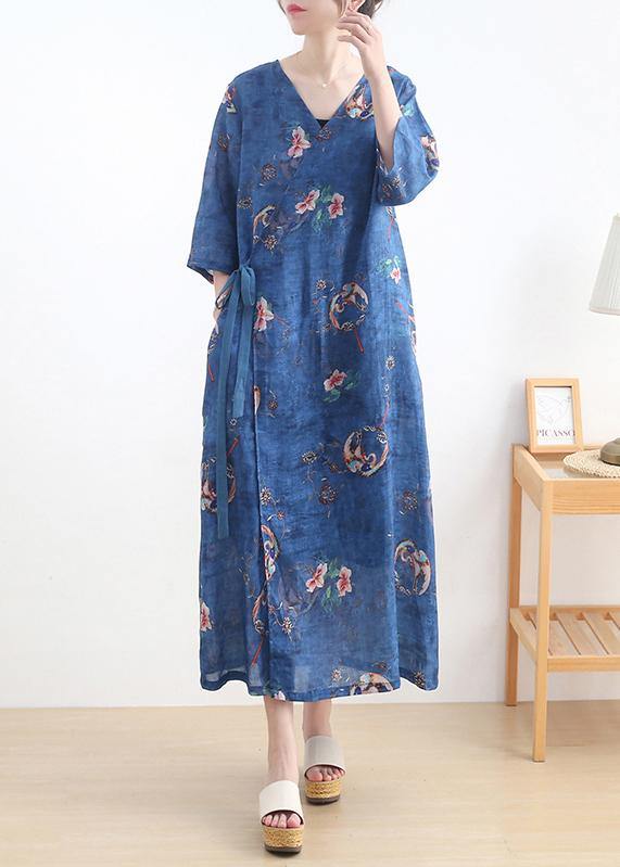 Simple Blue Print tie waist Long Dresses Summer Ramie - bagstylebliss