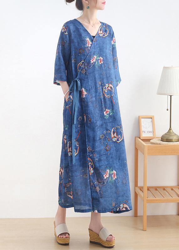 Simple Blue Print tie waist Long Dresses Summer Ramie - bagstylebliss