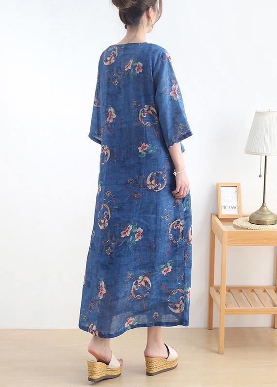 Simple Blue Print tie waist Long Dresses Summer Ramie - bagstylebliss