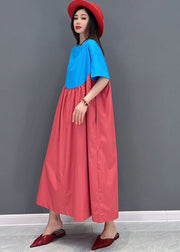 Simple Blue Red Oversized Patchwork Cotton A Line Dress Short Sleeve