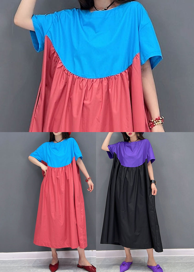 Simple Blue Red Oversized Patchwork Cotton A Line Dress Short Sleeve