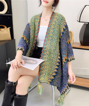 Simple Blue Tasseled Striped Ma Hai mao Knitted Thick Shawl