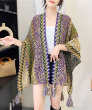 Simple Blue Tasseled Striped Ma Hai mao Knitted Thick Shawl