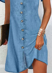 Simple Blue V Neck Button Patchwork Denim Mid Dress Short Sleeve