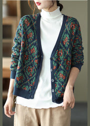 Simple Blue V Neck Print Knit Loose Cardigans Spring