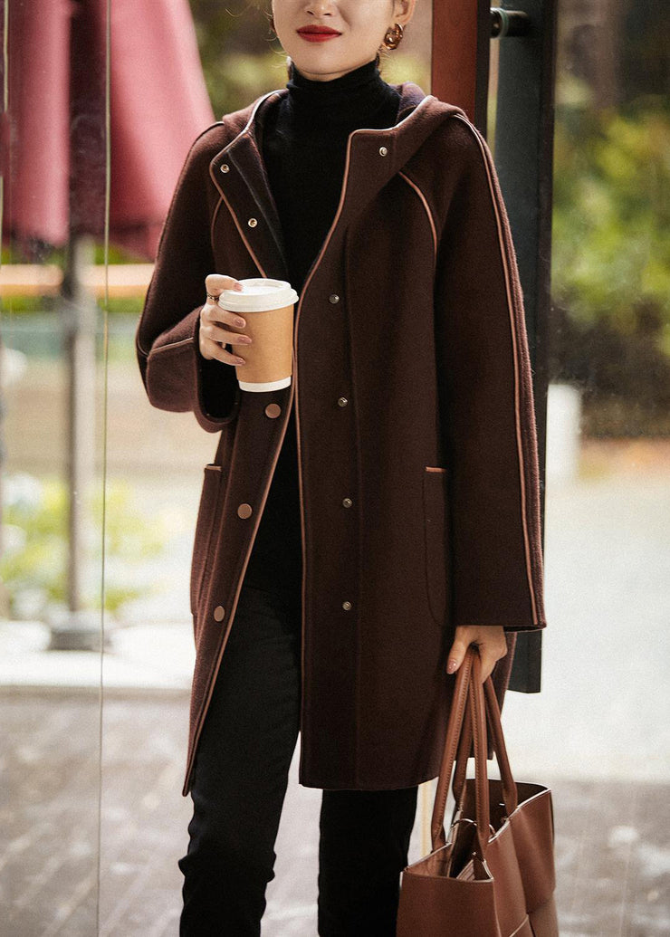 Simple Brown Hooded Patchwork Woolen Coat Outwear Fall