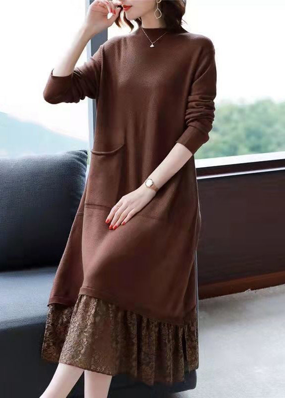 Simple Brown Pockets Lace Patchwork Knit Dresses Fall