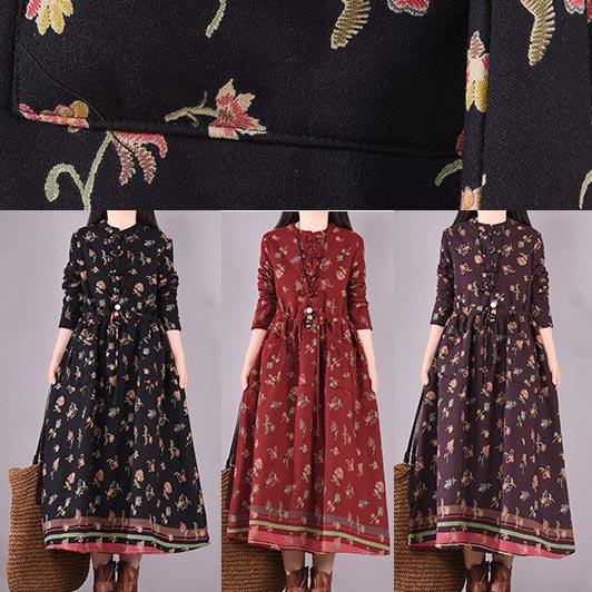 Simple Burgundy Print Dress Drawstring Plus Size Spring Dresses - bagstylebliss