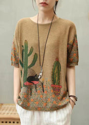 Simple Camel Print Patchwork Cozy Cotton Knit Top Summer