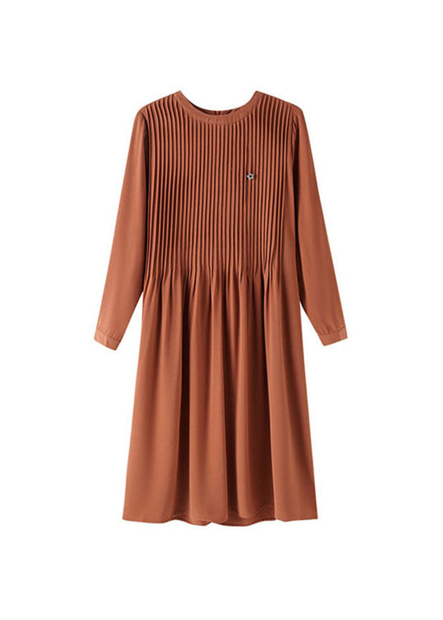 Simple Caramel O-Neck Wrinkled Maxi Dresses Long Sleeve